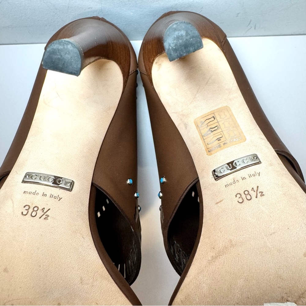 Gucci Lika Brown Leather Cutout Embellished Open Toe Bootie Sandal, Sz 38.5 - Picture 14 of 16